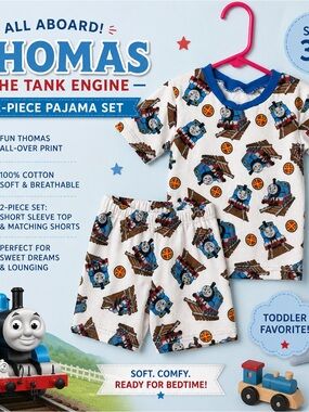 Thomas & Friends White and Blue Train Print Toddler Pajama Set